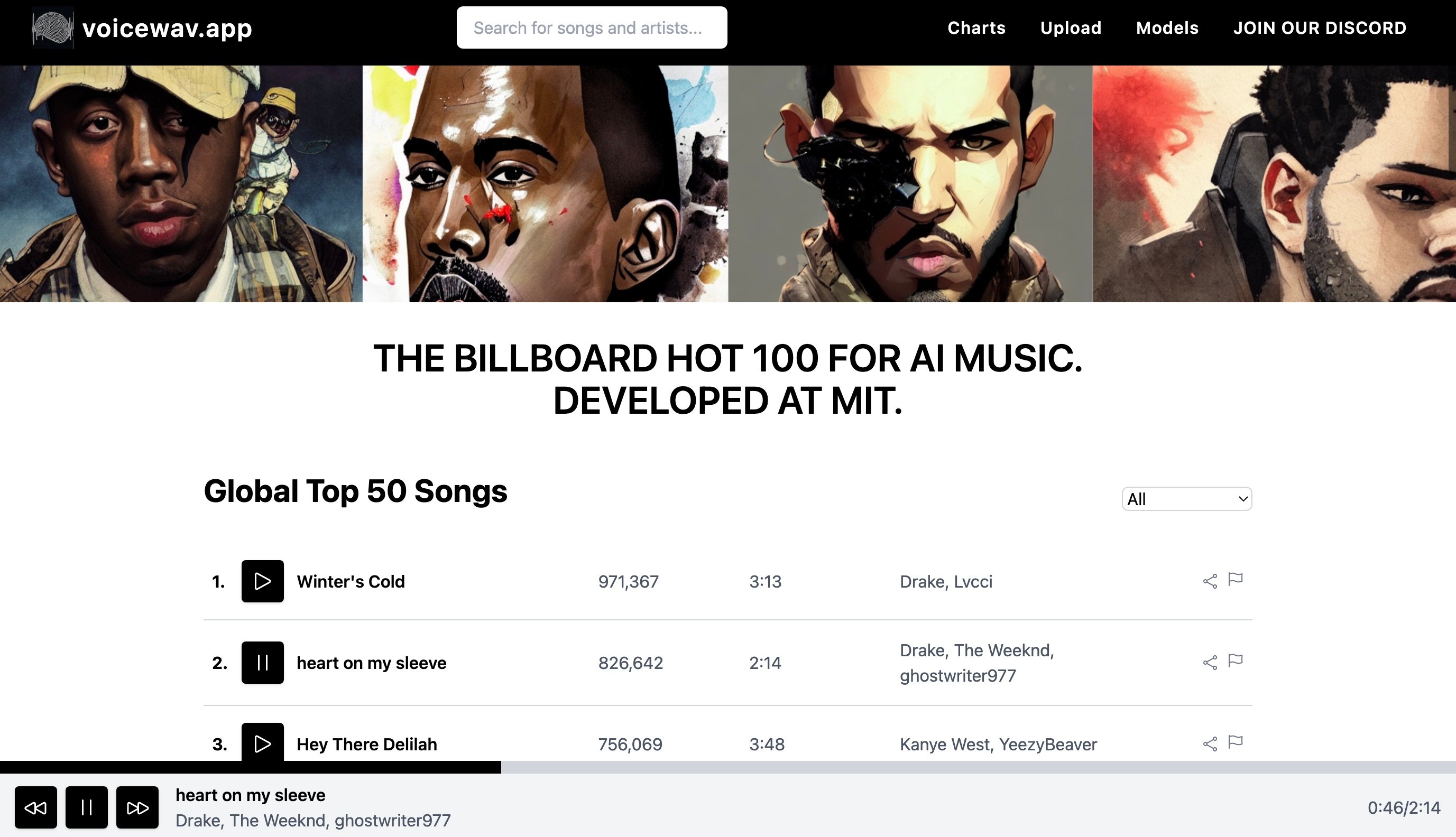Screenshot of AI Billboard Hot 100 interface.
